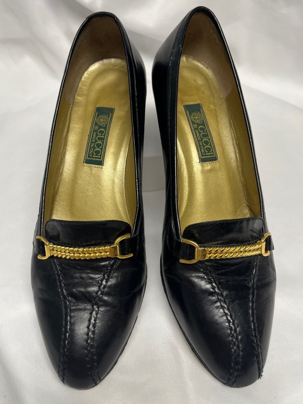 Gucci Black Leather Pumps with Gold Chain Accents, GUC, Sz 35.5B, VGUC!
